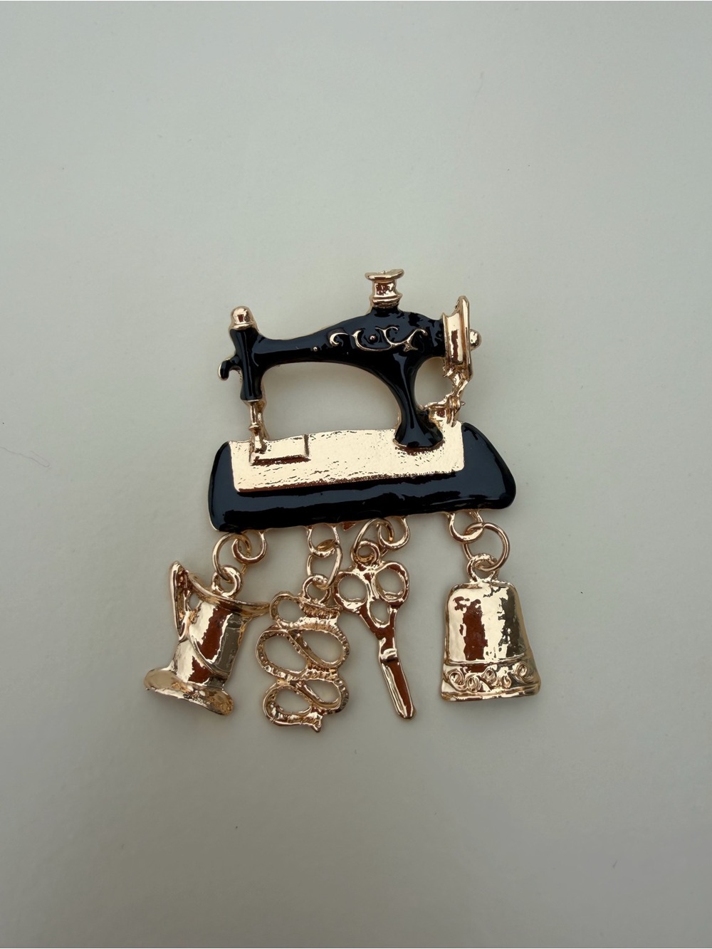 Black Enamel Sewing Machine Charm Brooch with Gold-tone Details